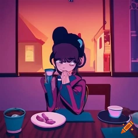 Lofi hip hop girl drinking coffee and contemplating in living room