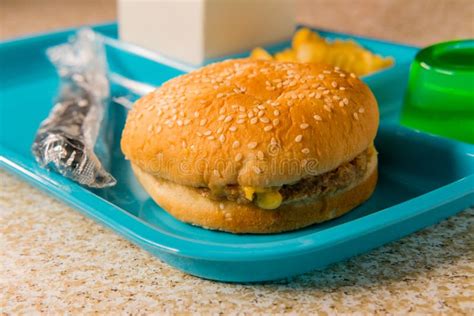 School Lunch Tray Cheeseburger Stock Image - Image of food, knife ...