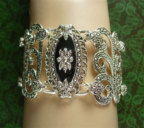 WIDE Victorian Revival Bracelet Fabulous vintage silver marcasite bracelet - Bracelets