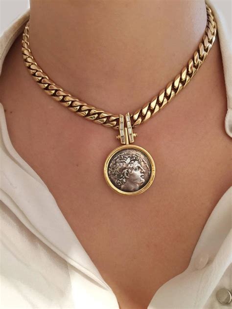 Bulgari Diamond Gold Roman Coin Necklace at 1stdibs