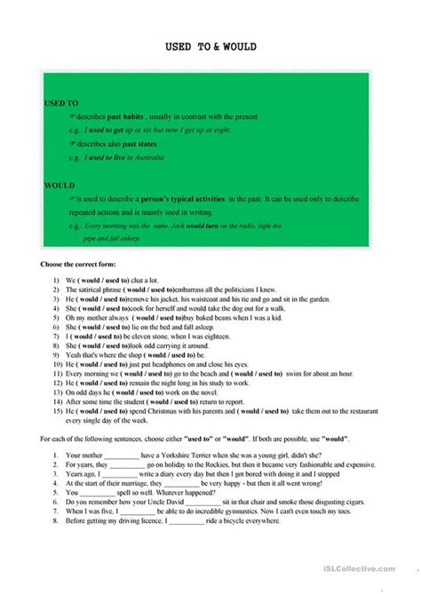 USED TO and WOULD - English ESL Worksheets Writing Skills, In Writing, Past Tense, Grammar ...