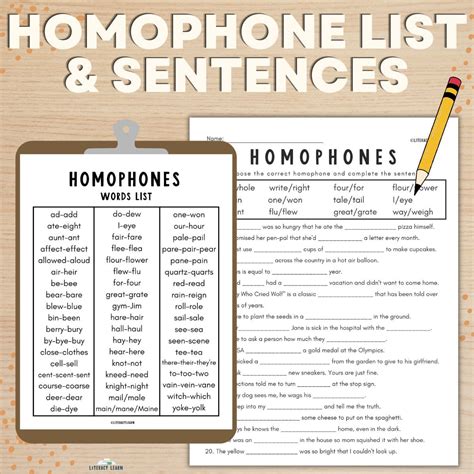 Common Homophone List and Sentences - Literacy Learn