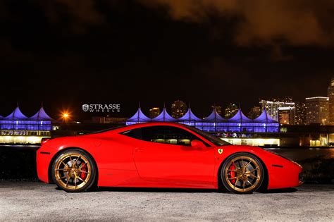 Hot Red Ferrari 458 Shod in Bronze Strasse Wheels Wrapped in Pirelli ...