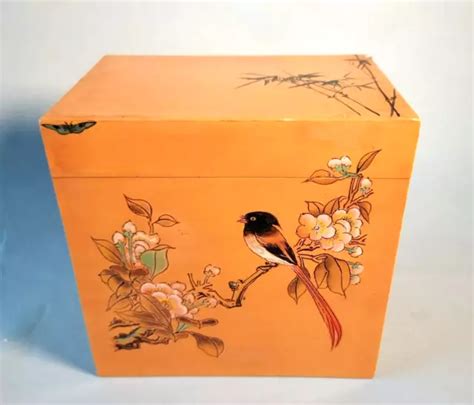 VINTAGE CHINESE BAMBOO Box Veneered Hand Paint Bird Lacquered Box Removeable Top $22.99 - PicClick
