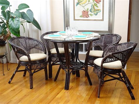 5 Pc Pelangi Rattan Wicker Dining Set Round Table Glass Top + 4 Arm Chairs, Dark Brown | Wicker ...
