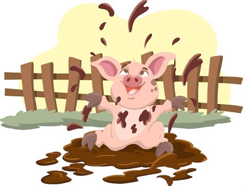 Premium Vector | Cartoon pig playing a mud puddle in the farm