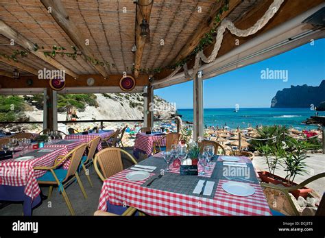 Beach Bar Restaurant at Cala Barques, Cala San Vicente, Mallorca, Balearics, Spain Stock Photo ...