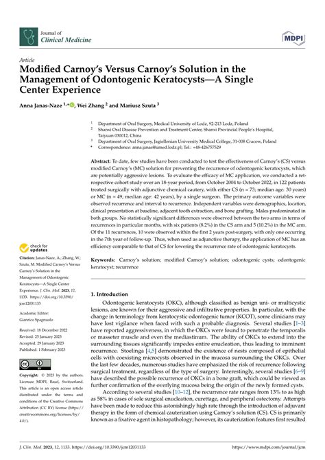 (PDF) Modified Carnoy's Versus Carnoy's Solution in the Management of Odontogenic Keratocysts-A ...