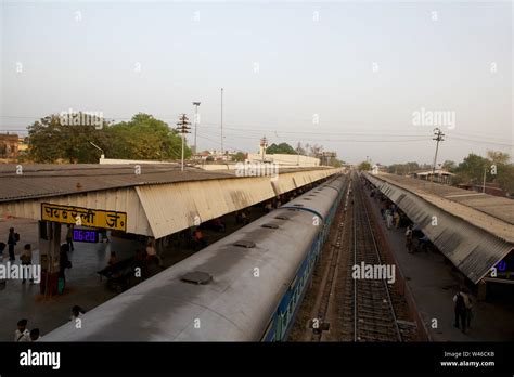 High angle view of a train at a platform, Raebareli, Uttar Pradesh ...