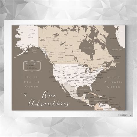 Small customized North America canvas print or push pin map, 12x9". "Earth tones" | Pin map ...
