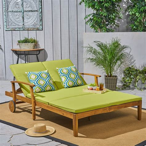 Danielle Outdoor Acacia Wood Double Chaise Lounge with Cushion, Teak ...