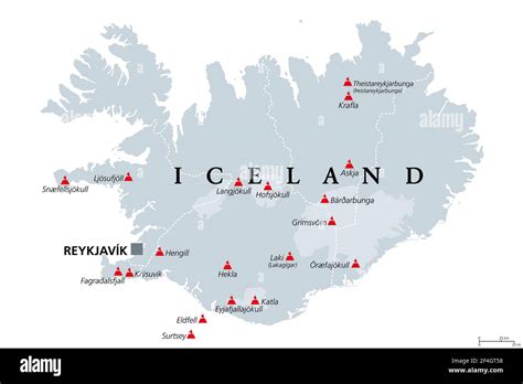 Volcanoes of Iceland that erupted since human settlement, political map ...