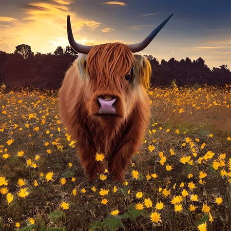 Highland Cow with Sunflowers and Sunset · Creative Fabrica