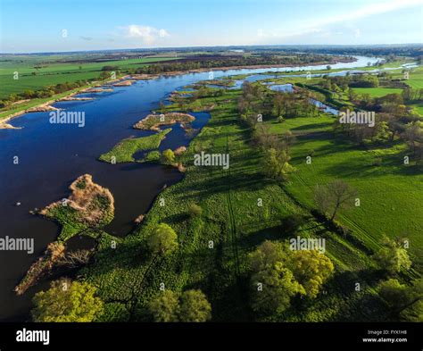 An aerial show taken with a drone shows a view of the river Oder and Stock Photo, Royalty Free ...