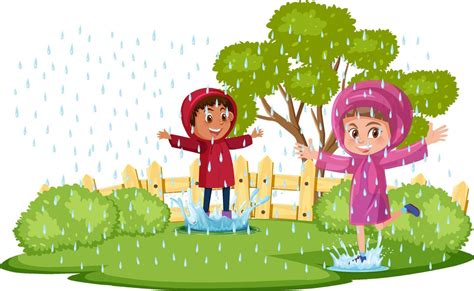 A children wearing the raincoat playing in the rain 6764449 Vector Art ...