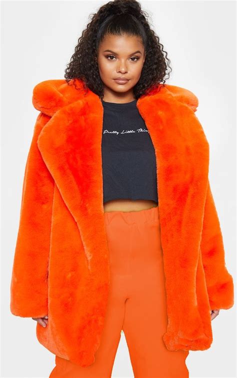 Plus Orange Faux Fur Oversized Collar Coat Faux Fur Collar Coat, Fur Collars, Fur Coat, Faux Fur ...