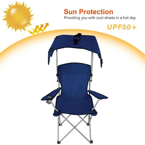 TeqHome Beach Camping Folding Lounge Chair with Outdoor Sun Shade Canopy Supports 350 LBS ...