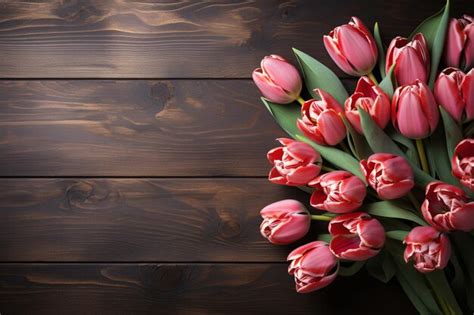 Premium AI Image | Wooden background hosts tulip bouquet and frame with ...