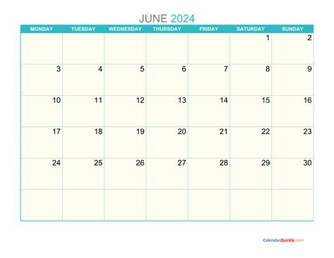 June Monday 2024 Calendar Printable | Calendar Quickly