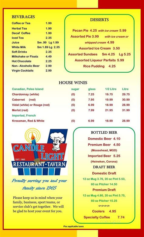 Menu of Candlelight Restaurant And Tavern in Goderich, ON N7A 3G7