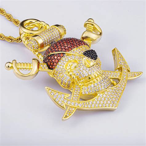 Cuban Link Chain Necklace with Pirate Skull White Gold Diamond