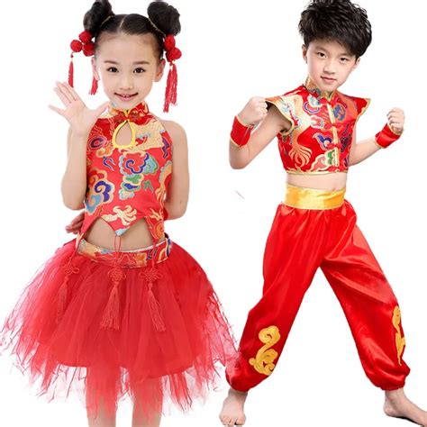 Girls Boys Size 110 140 Chinese New Year Dress Clothes Red Yellow Traditional -in Dresses from ...