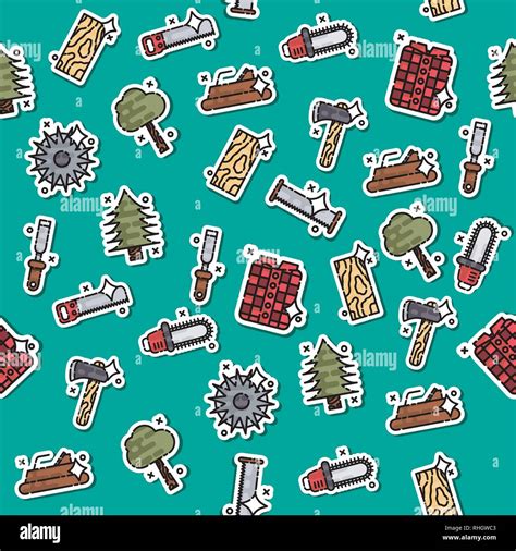 Lumberjack isometric color icons pattern of woodworking tools lumber ...