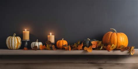 Premium AI Image | Row of pumpkins fall leaves and candles on wooden ...