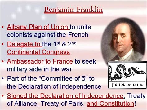 Roles of Revolutionary Leaders Benjamin Franklin Albany Plan