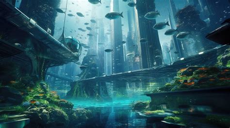 A futuristic city submerged underwater, featuring sleek architecture and bioluminescent marine ...