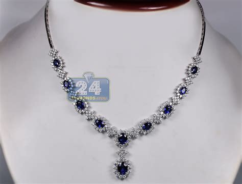 Womens Blue Sapphire Diamond Drop Necklace 14K White Gold 17.62 ct
