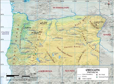 Oregon Physical Map showing Geographical / Physical Features with ...