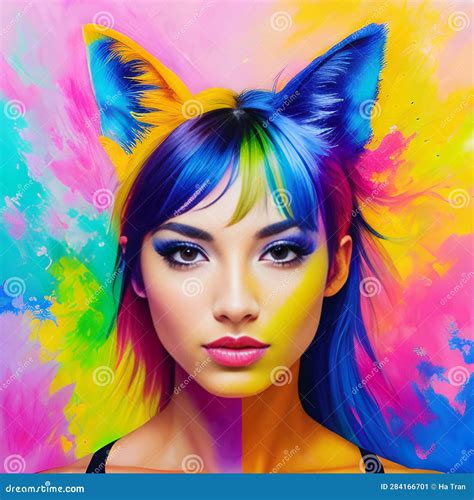 Portrait of Beautiful Young Woman with Bright Makeup and Colorful Hair Stock Illustration ...