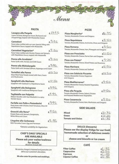 Menu at La Pergola Restaurant, Lyndhurst