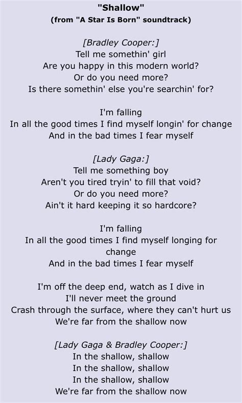 “Shallow” - Lady Gaga & Bradley Cooper | Great song lyrics, Lady gaga ...