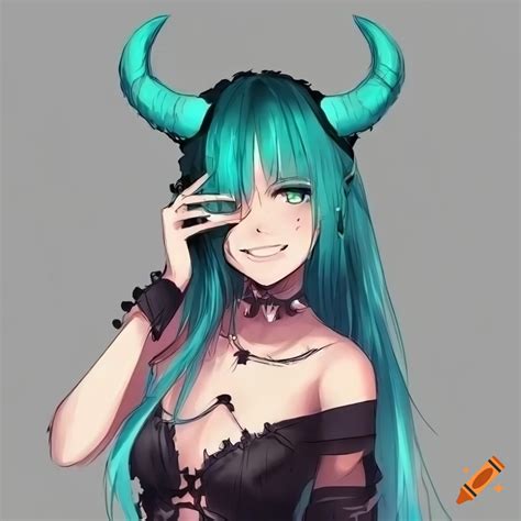 Anime girl with teal hair and demon horns on Craiyon