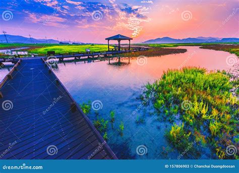 Walkway and Sunrise at Salt Farm Jeungdo Island,South Korea Stock Image - Image of view, outside ...
