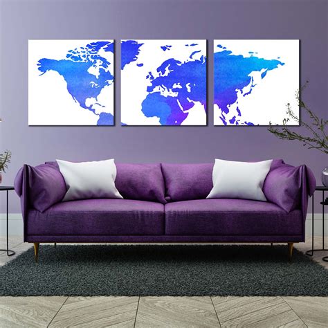 World Map Canvas Wall Art, Detailed World Map 3 Piece Canvas Set, Blue ...