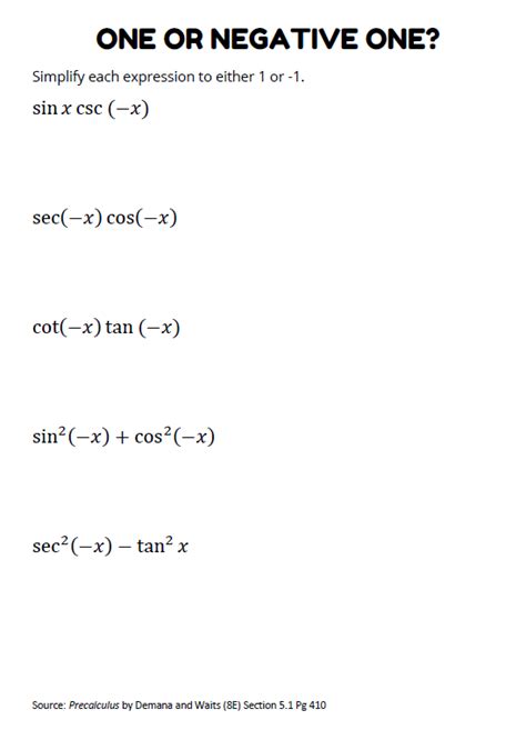 One or Negative One Trig Identities Worksheet | Math = Love