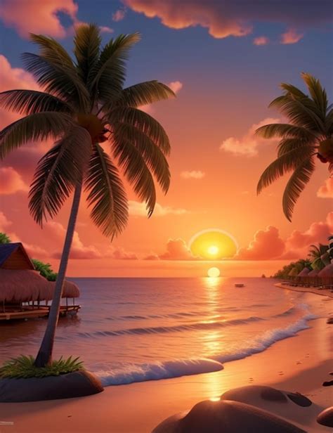 Premium AI Image | 3d animation sunset beach of wallpaper