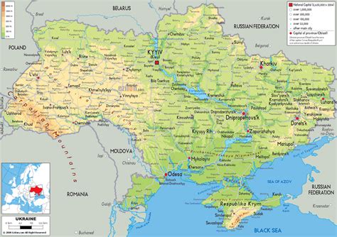 Large physical map of Ukraine with roads, cities and airports | Ukraine ...