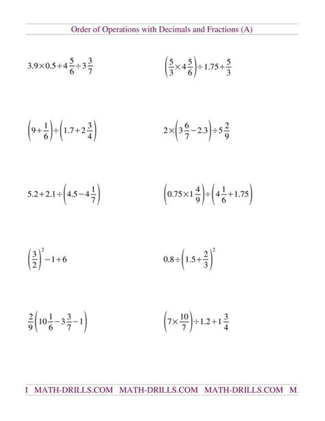 The Decimals and Fractions Mixed (A) Math Worksheet | Fractions worksheets, Order of operations ...