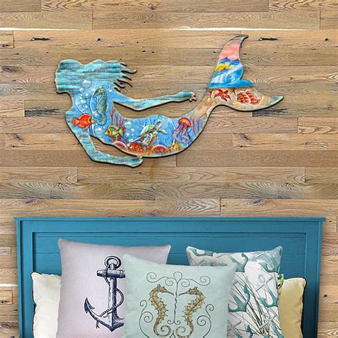 Coastal Wood Wall Art Mermaid Rustic Beach Home Decor Lake House Wooden ...