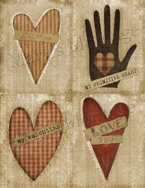 Primitive Hearts valentine card making download print