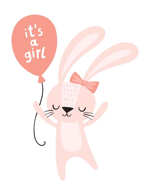 Baby shower card. It's a girl pink bunny with a balloon. Cute rabbit character. Nursery wall art ...