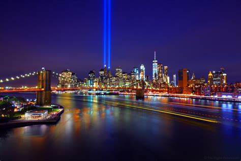 9/11 Tribute in Light, Brooklyn Bridge, One World Trade Center and Manhattan