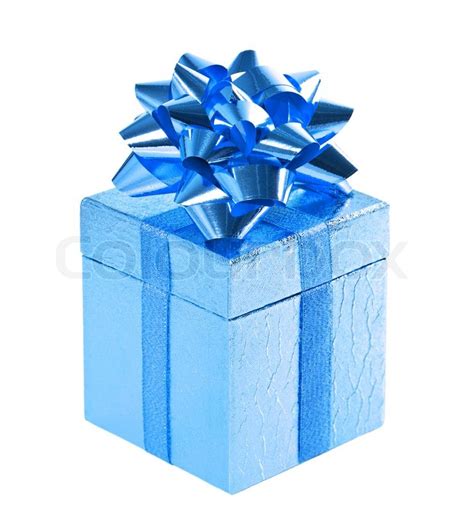 Blue shiny gift box with bow on white | Stock Photo | Colourbox