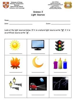 Light sources worksheet | PDF