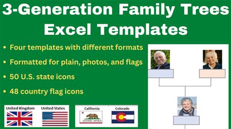 3-Generation Family Tree Excel Spreadsheet + Flags