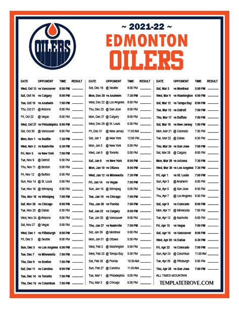 Printable 2021-2022 Edmonton Oilers Schedule